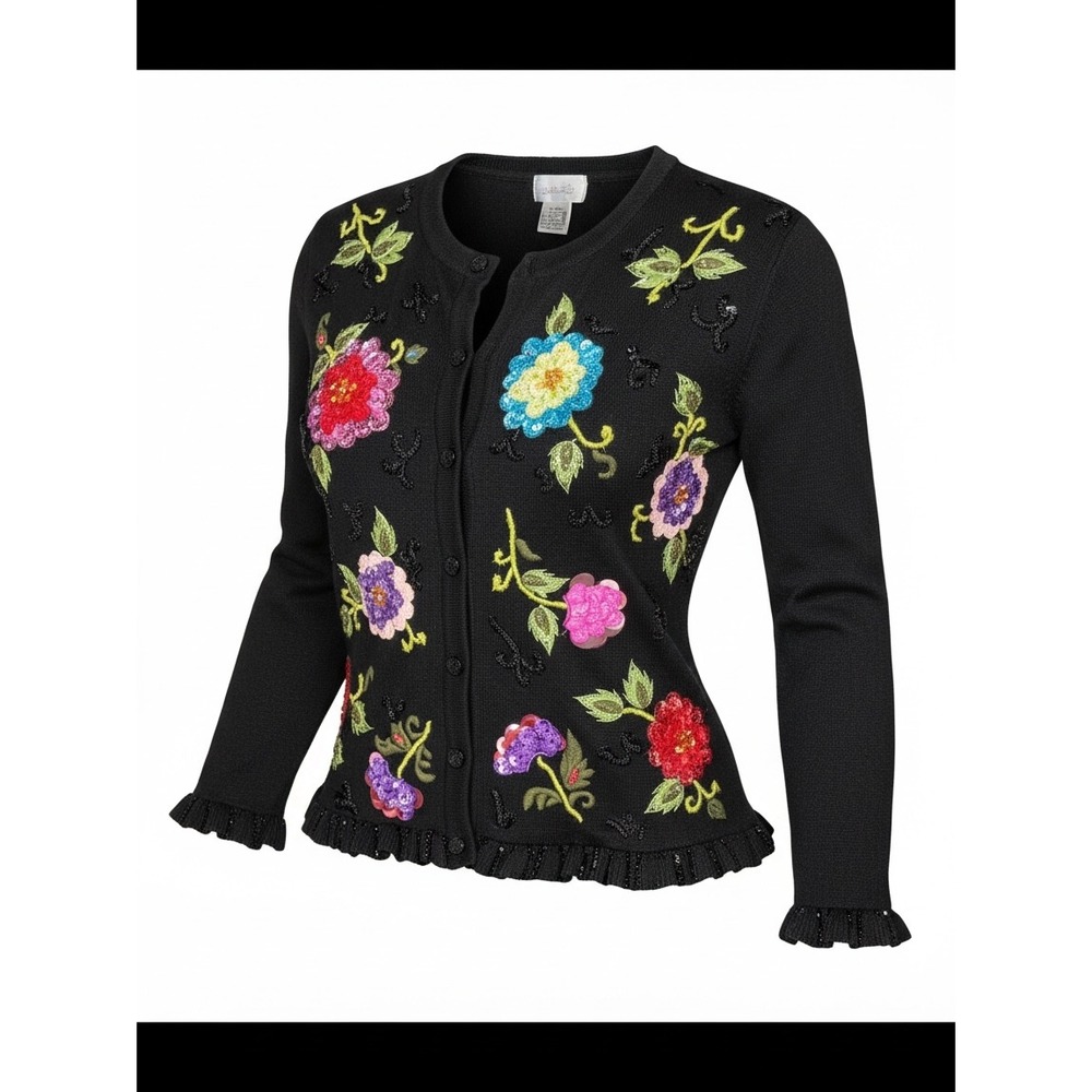 Vintage Berek Black Beaded Sequined Floral Cardigan Sweater Large grandmacore